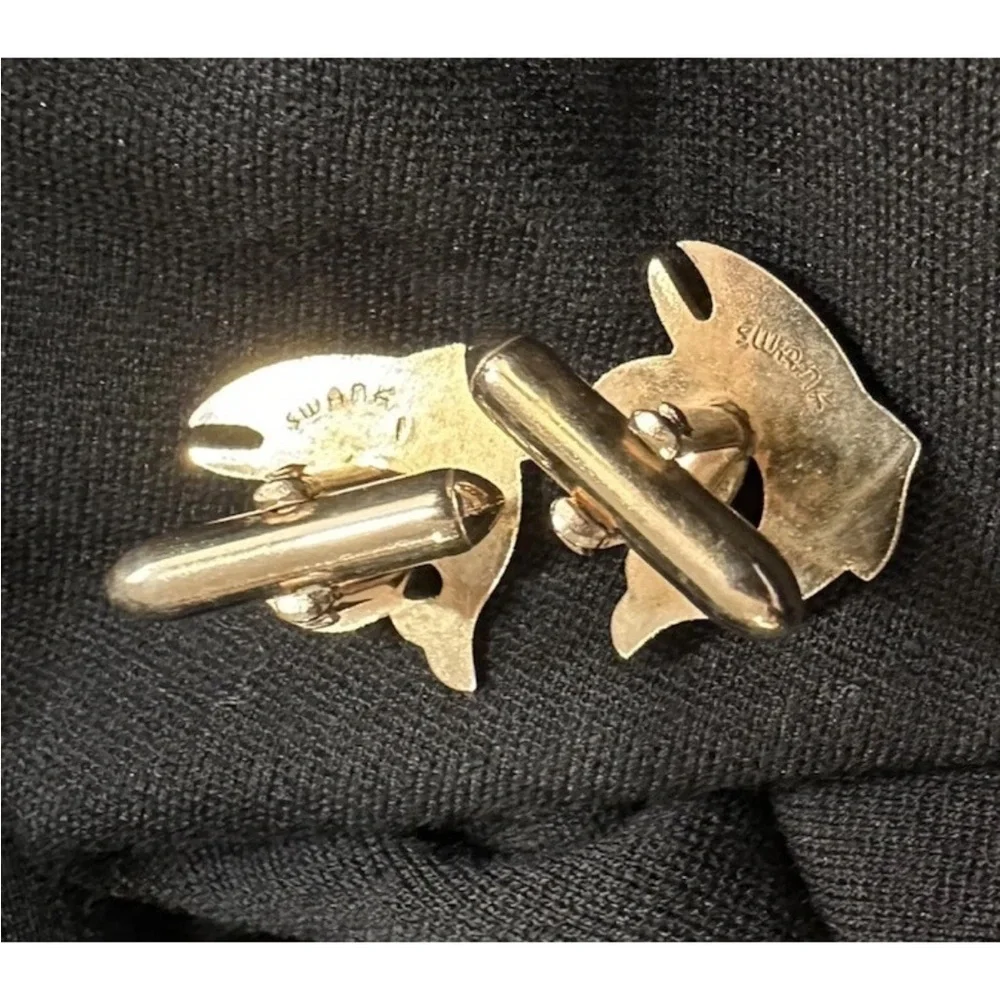 Gold color vintage swank fish ,Dolphin  Cuff links  with Pearls